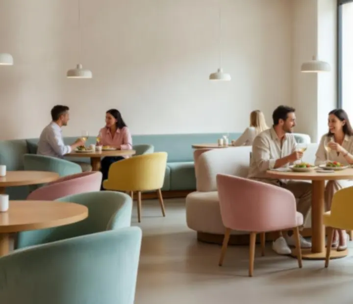Eleganckie, pastelowe wnętrze restauracji Nocaravelis