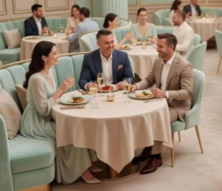 Eleganckie pastelowe wnętrze restauracji podczas wieczoru tematycznego inspirowanego kasynem