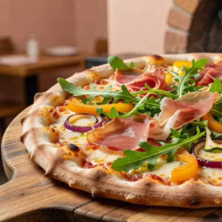 Rzemieślnicza pizza na cienkim cieście wypiekana w piecu opalanym drewnem