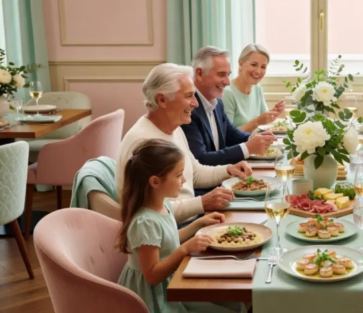 Rodzinne przyjęcie w jasnej, eleganckiej sali restauracyjnej