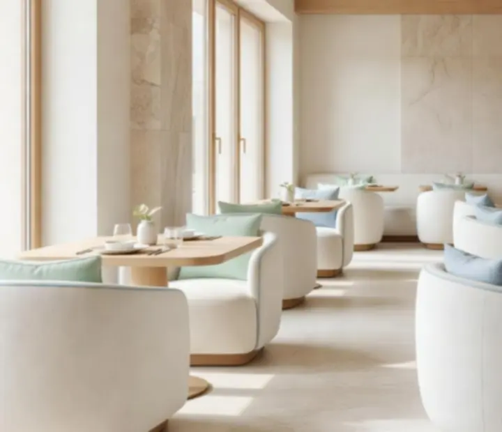 Wnętrze restauracji Nocaravelis w pastelowej, eleganckiej aranżacji.
