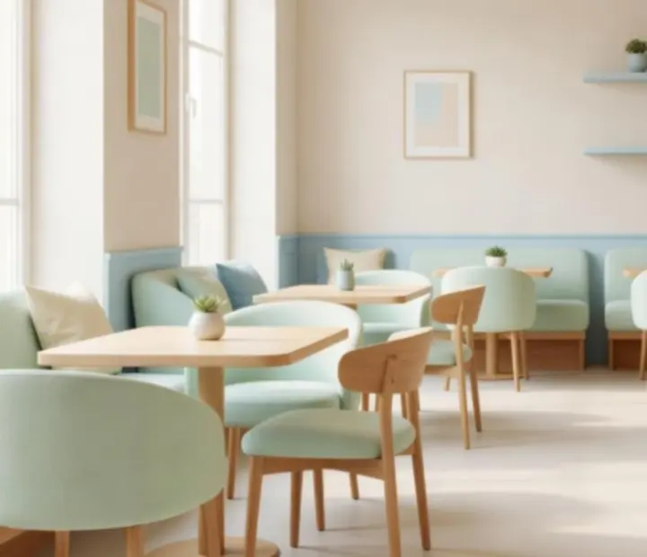 Jasne, pastelowe wnętrze restauracji Nocaravelis